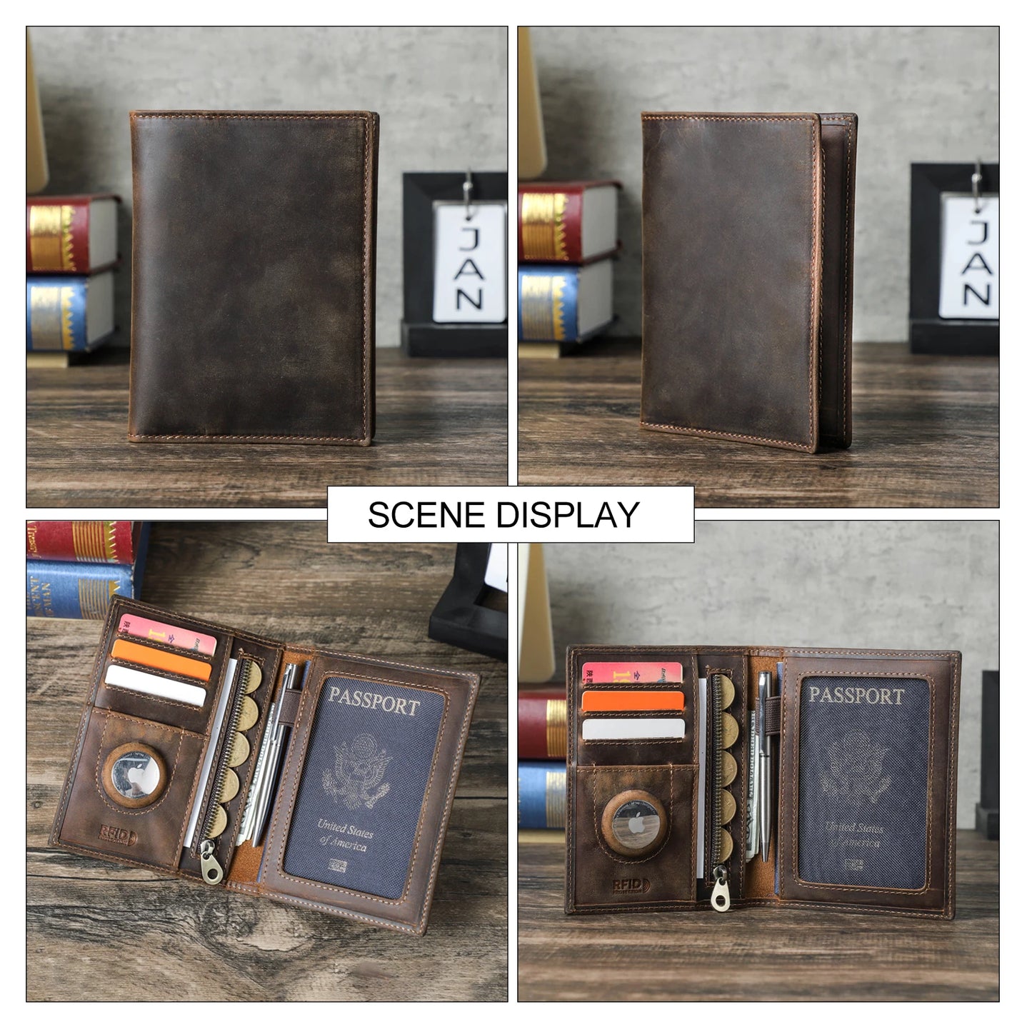 Genuine Cow Leather Passport Holder Travel Wallet with Airtag Case Anti-lost Pocket Pen Card Holder RFID Blocking Passport Cover